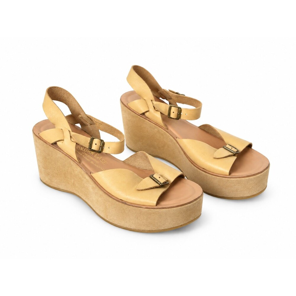 Kork-Ease Beige Leather Platform Wedge Sandals Boho Womens Size 9 Brazil